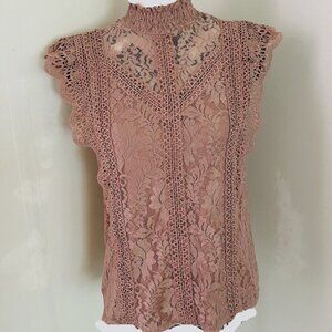 Brand New Cable & Gauge Women’s Mock Neck Crochet Lace Sleeveless Top Blouse